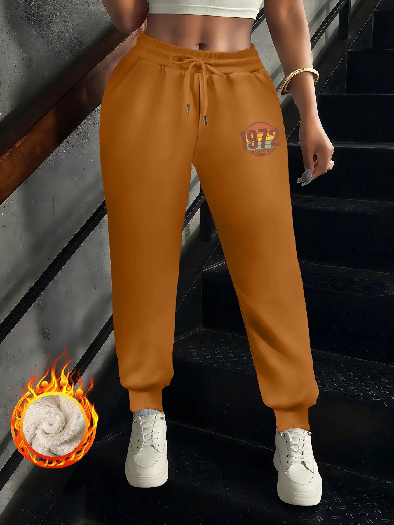 Women's Fashion Casual Long Pants, Ribbed Cuff Warm Pants, Vintage Print Letter Pattern, Fitted Lamb Fur Lined, Fall & Winter Wear