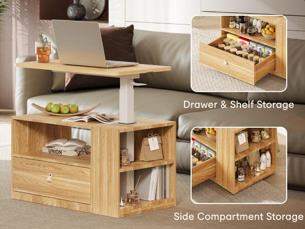 FLEXISPOT H7 All-in-One Mobile End Table, Smooth Gas Spring Height Adjustable Bedside Desk with Storage Drawer, Rolling Laptop Stand for Couch Sofa, Space-Saving Storage Cabinet