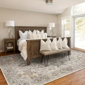 Vintage Retro Chenille Print Rug - Machine Washable, Non Slip, Low Pile, Lightweight, Easy to Clean, Perfect for Living Room, Bedroom, Dining Room, Home Office - Light Taupe Brown, Soft, Plush, Durable, and Versatile