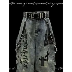 Gothic Punk Wasteland Jeans - Seven-Part Patchwork Wide Leg, Distressed Wrinkled Pants Menswear Trouser Man Streetwear Denim Pocket Tropical