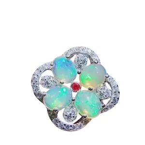 Fire Opal Flower Cluster Ring 4x6mm Sterling Silver