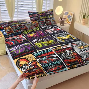 Race Car Fitted Sheet Set - Bed Sheet Sets, Vibrant Digital Print Bedding Set, Ultra Soft Microfiber Bed Sheet with Pillowcase, Perfect Holiday & Birthday Gift for Boys, Teens & Car Lovers, Cool Racing Themed Bedroom Decor  - No Filling