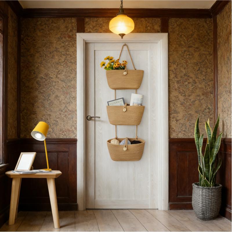 Over the Door Hanging Baskets with Wooden Button, 3-Tier Woven Cotton Storage Organizer Bag, Wall-Mounted with Hook Decorative Hanging Nursery Baskets, Jute