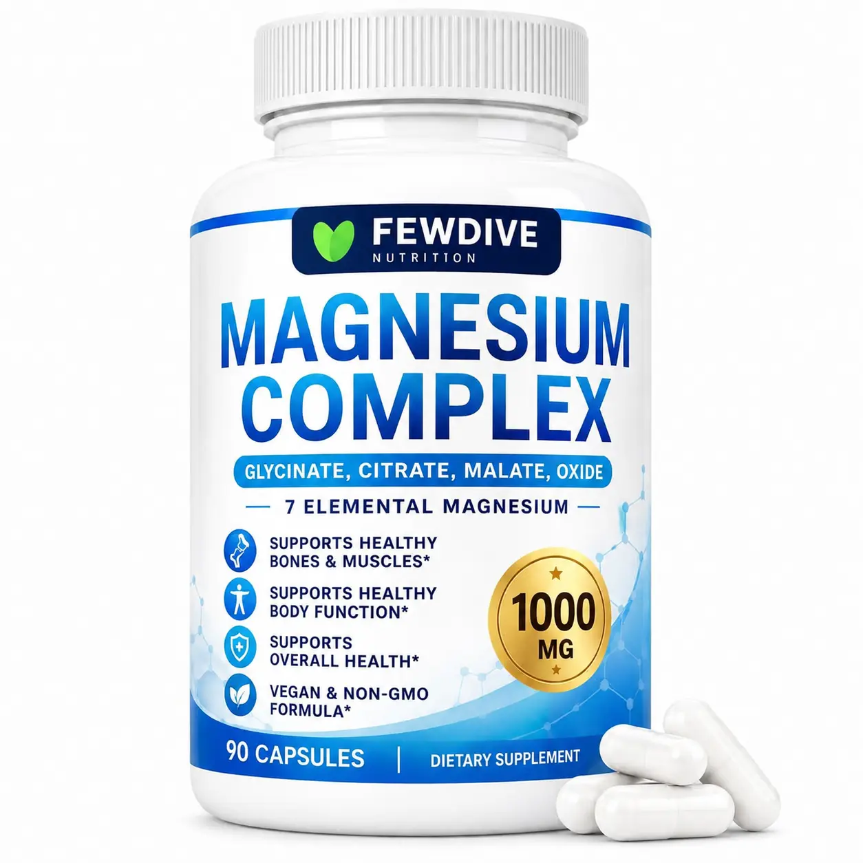 FEWDIVE Multi‑Form Magnesium Complex 1000mg, 7 Elemental Magnesium Glycinate, Citrate, Malate, Oxide, Support Bone, Muscle & Restful Sleep, Vegan Non‑GMO Formula, 90 Capsules