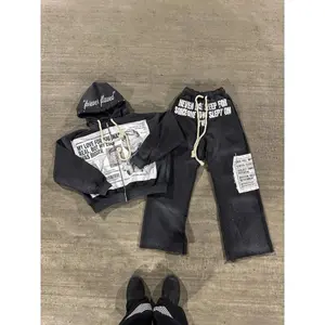 Sports Shirt and Pants Y2K New Gothic Punk Sportswear Two Piece Set Harajuku Retro Patch Printed Loose Zipper Hoodie Fashion Casual Sports Pants