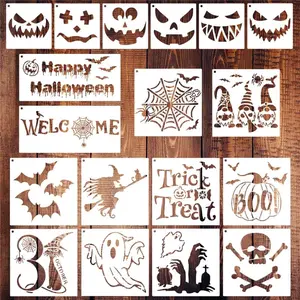 18 Pieces Halloween Stencils, Reusable Happy Halloween Ghost Bat Witch Pumpkin Stencils for Painting on Wood DIY Crafts Halloween Decorations (Style 1)