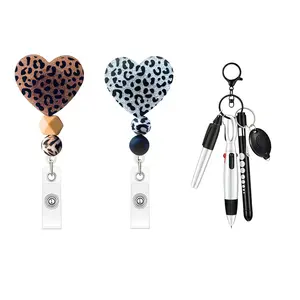 Heart Beaded Leopard Print Clip, Retractable Crocodile Clips with Mini Fluorescent Pen, Permanent Marker, Ballpoint Pen, Office Use, Office Desk Accessories, Stationery Supplies