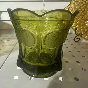 1886 Eagle Torch Coin Avocado Green Glass Candy Dish