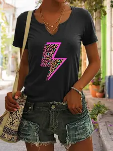 Leopard Print Lightning Bolt Graphic Tee, Trendy Women's Short Sleeve V Neck Summer Casual Top, Fashionable Ladies Clothing