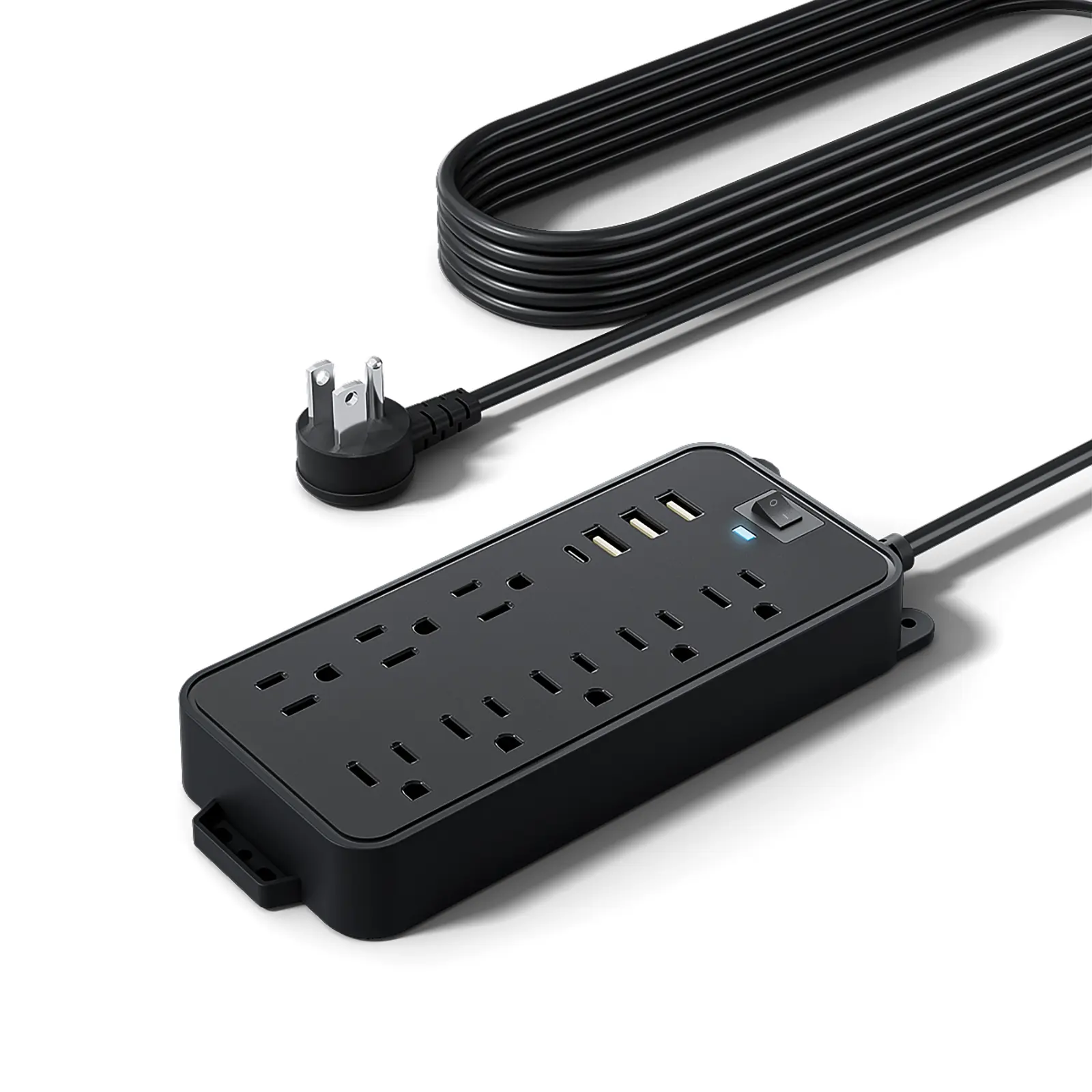 12-in-1 Modern Black Power Strip Surge Protector Charging Station - 8 AC Outlets, 4 USB Ports (3A+1C), Flat Plug, 10A Heavy-Duty Power, 110v-130v Cable, Electrical Plug Sockets Accessories for Gamers, Smart Home Gadgets, Tablets