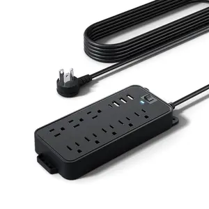 12-in-1 Modern Power Strip: 8 AC Outlets + 4 USB (3A+1C), Flat Plug, Cable, Surge Protector - Home/Office/Travel