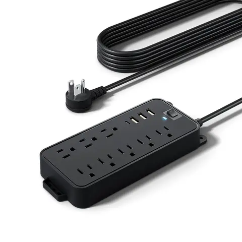 12-in-1 Modern Black PVC Power Strip Surge Protector Charging Station - 8 AC Outlets, 4 USB Ports (3A+1C), Flat Plug, 10A Heavy-Duty Power, 110v-130v Cable, Wall Socket Compatible, 18 Devices Capacity, 18W Total, for Gamers, Mobile Devices, Galaxy S23 Ult