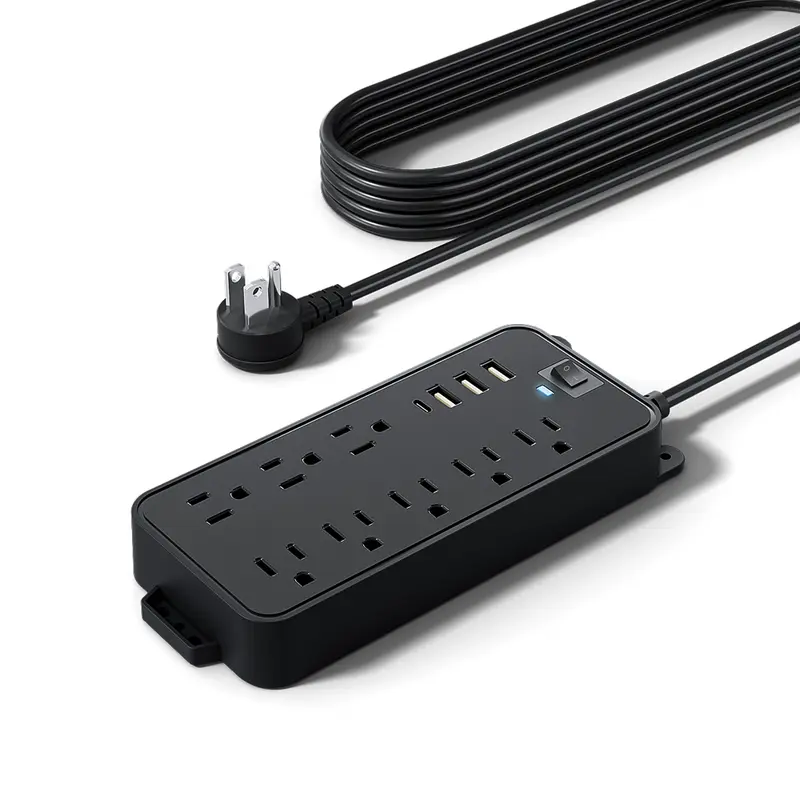 12-in-1 Modern Black PVC Power Strip Surge Protector Charging Station - 8 AC Outlets, 4 USB Ports (3A+1C), Flat Plug, 10A Heavy-Duty Power, 110v-130v Cable, Wall Socket Compatible, 18 Devices Capacity, 18W Total, for Gamers, Mobile Devices, Galaxy S23 Ult