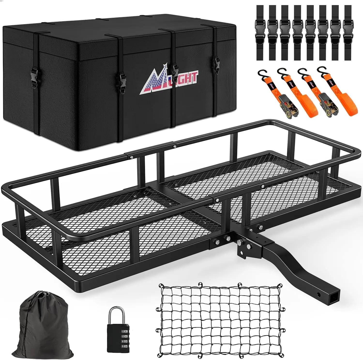 Nilight Metal Foldable Hitch Cargo Carrier, 60x24x7.87in, 2-Inch Hitch Receiver Fit, 500 Lbs Capacity, Weather-Resistant Soft Bag, Net, Ratchet Straps, Universal Car Accessories for SUV Pickup Truck Rear Racks (Ideal for Luggage, Firewood), Easy Install