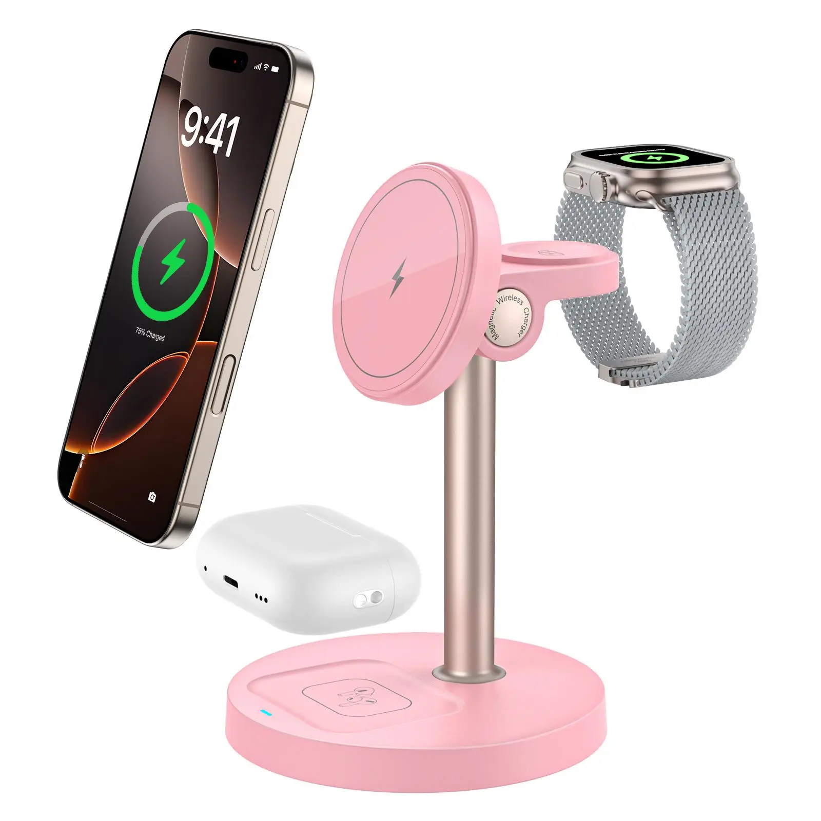 Magnetic Wireless Charger Stand, Magnetic Charger Base, Magnetic Charging Dock, 15W Fast Charging Charger with Adjustable Angle, Magnetic Charging Design, Phone Accessories for iPhone 12-16 Series for iWatch & AirPods
