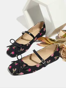 Women's PU Leather Mary Jane Shoes, Casual Low Heel Slip-On Flats with Embroidered Flowers, Fall & Winter Fashion Sneakers, Elegant
