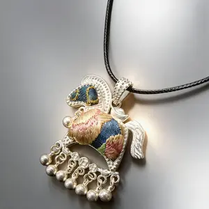 Handmade Hmong Miao Embroidered Silver Horse Pendant Necklace |     Authentic Ethnic Artisanal Jewelry