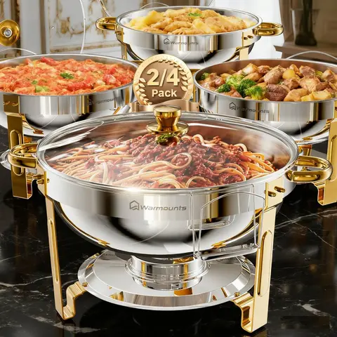 [FallDealsForYou] WARMOUNTS 5QT Food-Grade Stainless Steel Round Buffet Chafing Dishes (2/4/6 Pack) - Mirror-Polish Shine, Rolled Rim, Stackable, Glass Lid, Lid Holder, Durable, Built to Last, Safe Use, Quick Non-Stick Wash for Parties, Daily Use