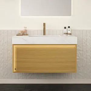 NYAH 36'' Bathroom Vanity & Sink, Floating Ultra-Slim Grille Plywood Storage Cabinet, Drawer with Sensor Light, Carrara White Sintered Stone Top & Ceramic Undermount Basin, Pre-assembled, Light Woodgrain