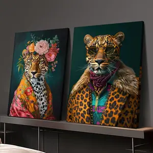 2-Piece Leopard Print Floral Canvas Wall Art, Leopard Print Decoration - Modern Jungle Decor, Wooden Framed Animal Painting, Suitable for Living Room, Bedroom - Ready-to-Hang Wildlife Home Decor, Bold Artwork, Durable Piece