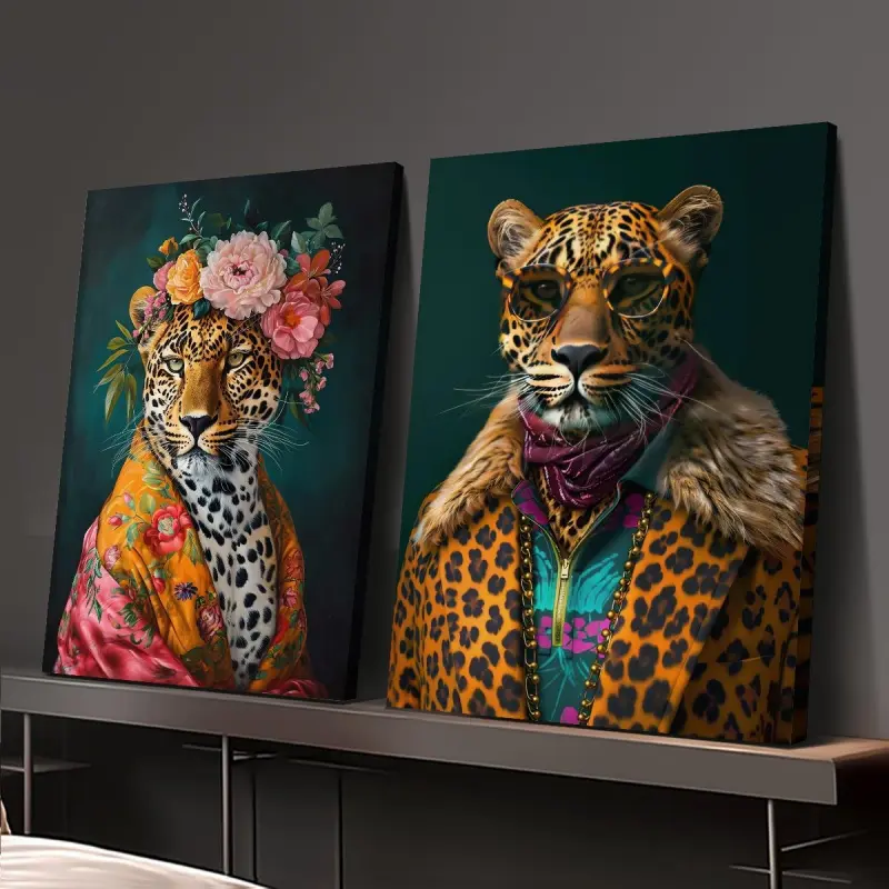 2-Piece Leopard Print Floral Canvas Wall Art, Leopard Print Decoration - Modern Jungle Decor, Wooden Framed Animal Painting, Suitable for Living Room, Bedroom - Ready-to-Hang Wildlife Home Decor, Bold Artwork, Durable Piece, Decorative Wall Art