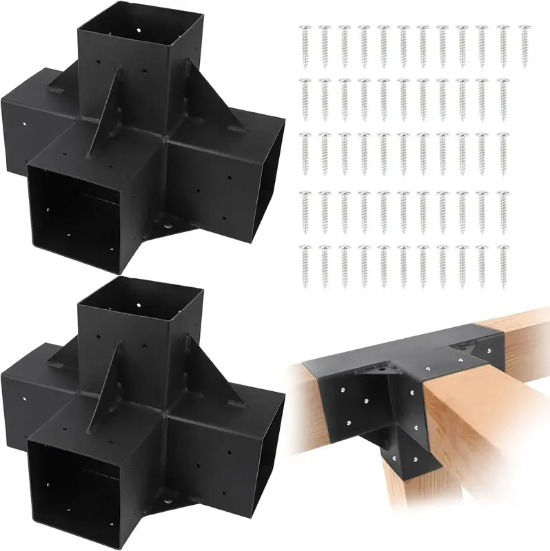 Heavy Duty 2PCS 6x6 in (Actual 5.5x5.5 in) Steel 4-Way Pergola Brackets Kit, Powder-Coated Right Angle Corner DIY Woodwork Hardware, Black Metal Screws for Lumber Gazebo Kit, Outdoor Courtyard Use for Restaurants