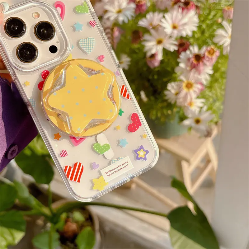 Magnetic Case with colorful star grid and heart-shaped design, featuring a magnetic bracket for iPhone 11 12 13 14 15 16 promax Smartphone Stylish Protective Cover Protector Casing Phone shell