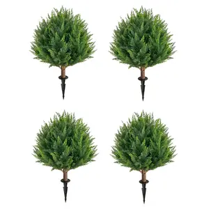 Yangrass Artificial Set of 4 Cedar Topiary Ball Trees 25" for Outdoors with Ground Spike, UV Resistant Faux Cypress Plants, Evergreen Shrubs Bushes for Front Porch Garden Backyard Decor