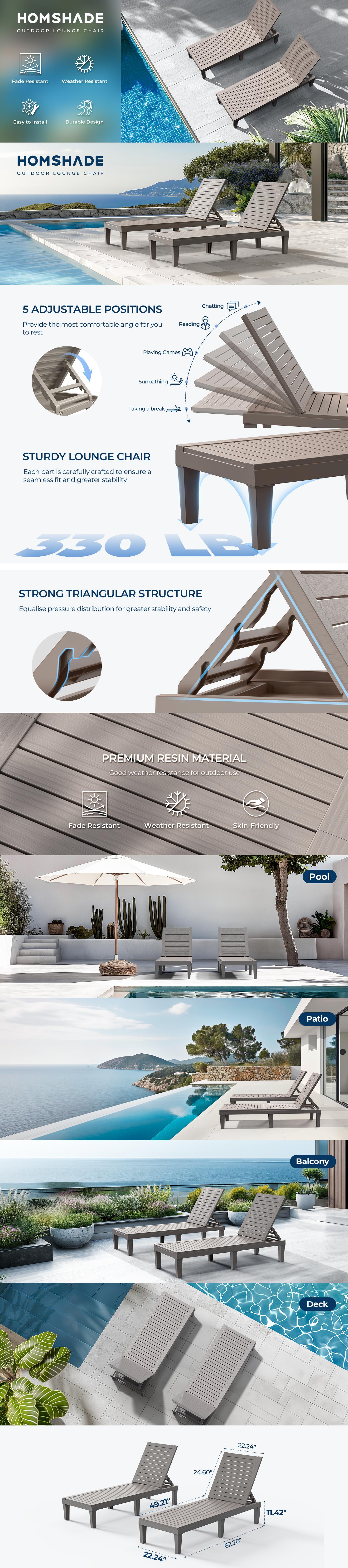 【Outdoor recliner On sale】HOMSHADE Outdoor Folding Chaise Lounge Set - Lounge Chair with 5-Level Adjustable Backrest, 2-Level Footrest&Removable Pillow, Chaise Lounge Outdoor with Side Pocket,for Poolside, Lawn Easy