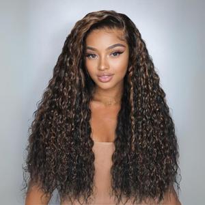 Unice  Water Wave Wig Black with Golden Brown Highlights Bye Bye Knots Pre-cut 7x5 HD Lace Closure Human Hair Wigs Natural Scalp Ready to Wear Beginners Friendly summerwins