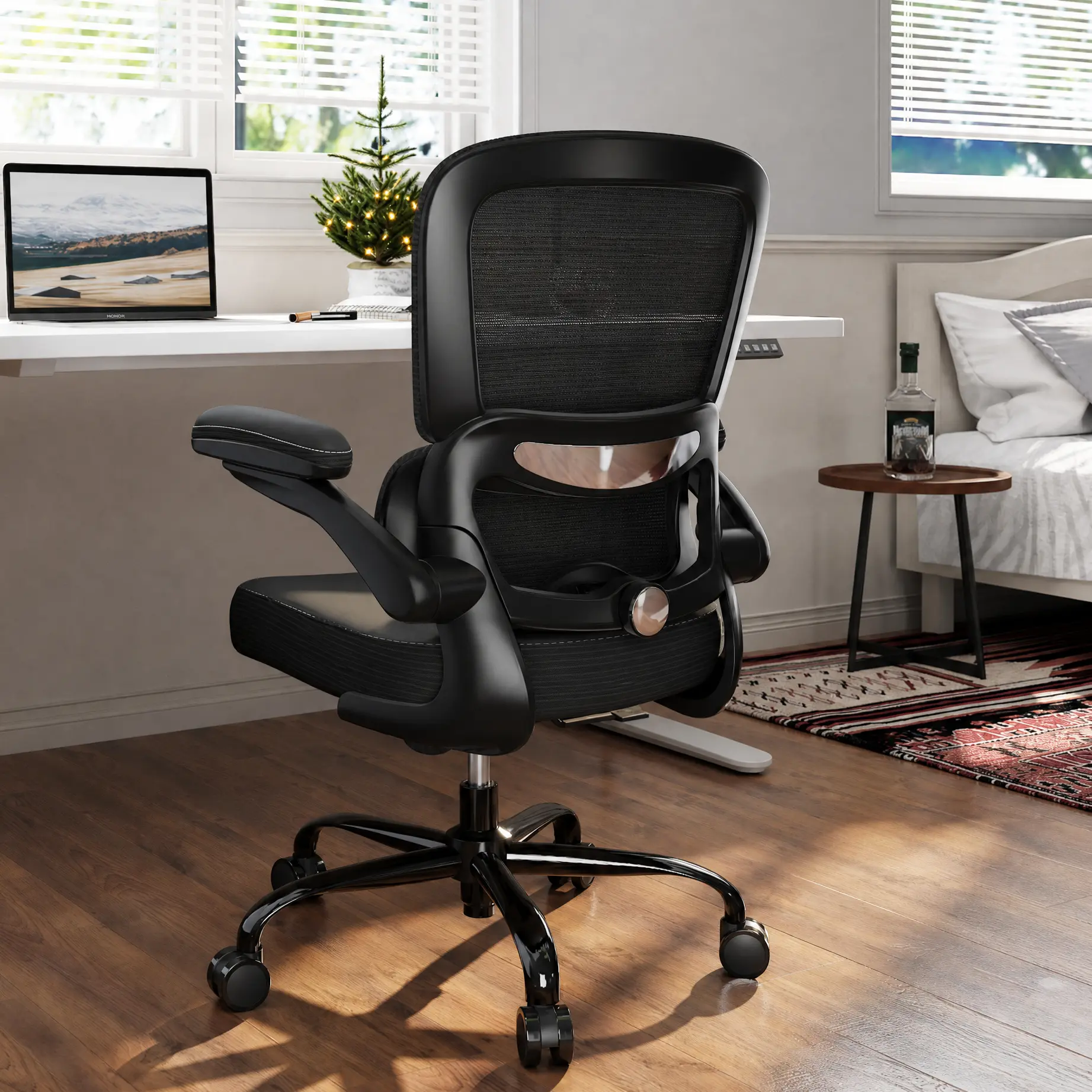 TRALT  Ergonomic Office Chair - Desk Chair with Adjustable Lumbar Support Computer Chair - Mesh Comfy Chair with Flip-up Armrests - Gaming Chairs for Adults Home Office (Leather, Black)