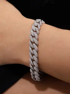 Silver Iced Out Cuban Link Bracelet, 10mm Full Paved 5A CZ Diamond Miami Curb Chain, Hip Hop Bling Bracelet Jewelry for Men Women, Diamond Encrusted Bracelet