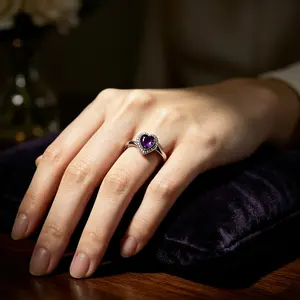 Adjustable Natural Amethyst Heart Ring - Healing Crystal Jewelry for Calm, Anxiety Relief & Positive Energy - Dainty Silver Plated Gemstone Ring Gift for Women