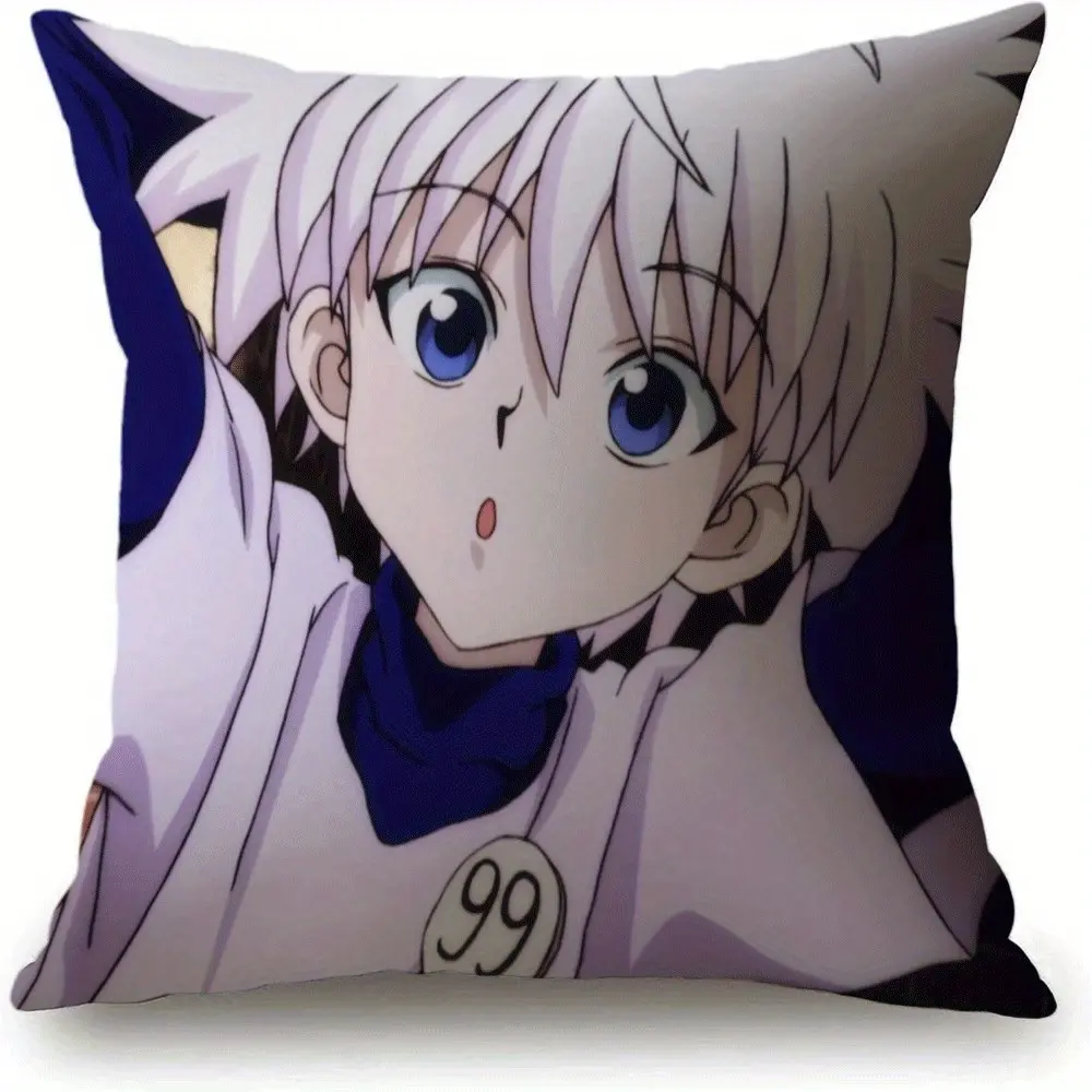 1pc Killua Anime Print Throw Pillow Cover, 45*45cm/18*18in - Blue Eyes & White Hair Design, Durable Polyester Fabric, Zipper Closure - Sofa/Bedroom Decor, Christmas & Birthday Gift (Pillow Insert Not Included, Machine Washable)