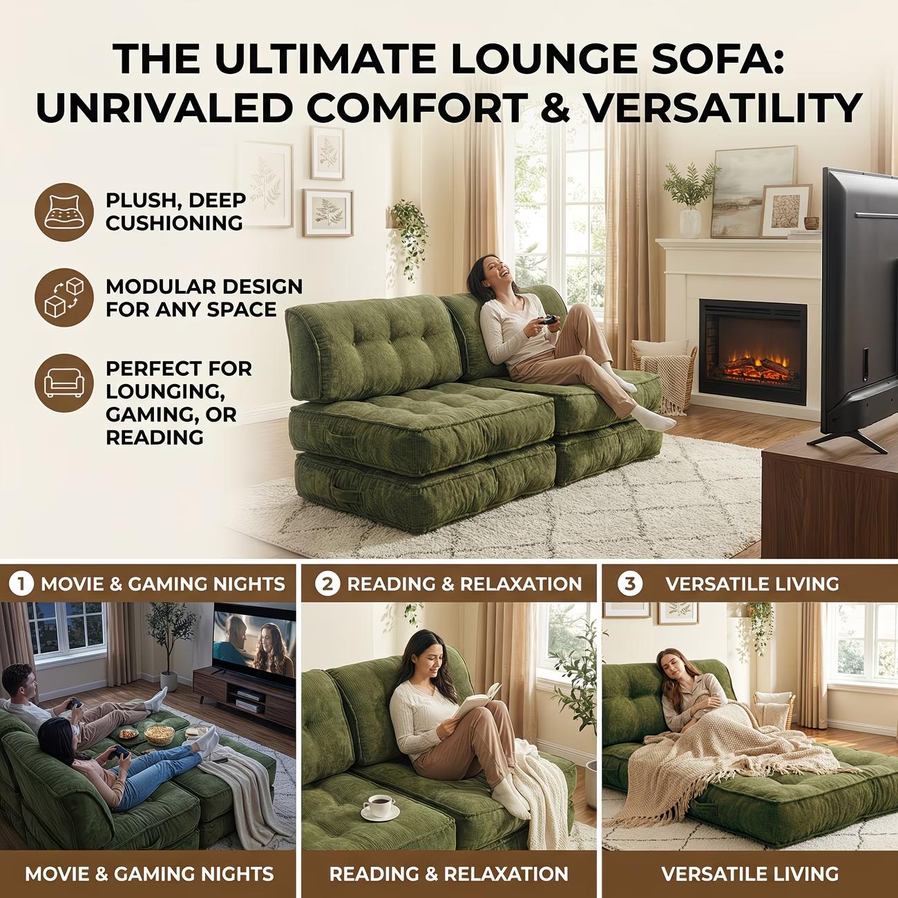 Chenille Small Space Convertible Sofa Bed, 2-in-1 Folding Floor Sleeper, No Assembly Space Saving Couch for Living Room Bedroom Apartment Dorm Guest Room Boneless Chaise Plush Modern furniture sectional Modular