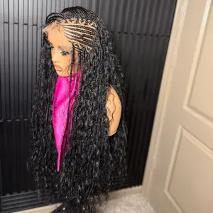 Full Lace Grade A Fiber Hair Lace Cap & Hair Blend Curls Flip Over  African Hand Braid Cornrow Braid Wig