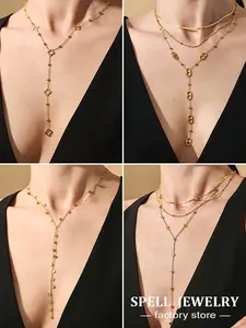 US-LUX - Multi Models Long Tassel Necklaces In Stainless Steel With 18k Gold Plated Waterproof Non Tarnish Chains Necklace For Women