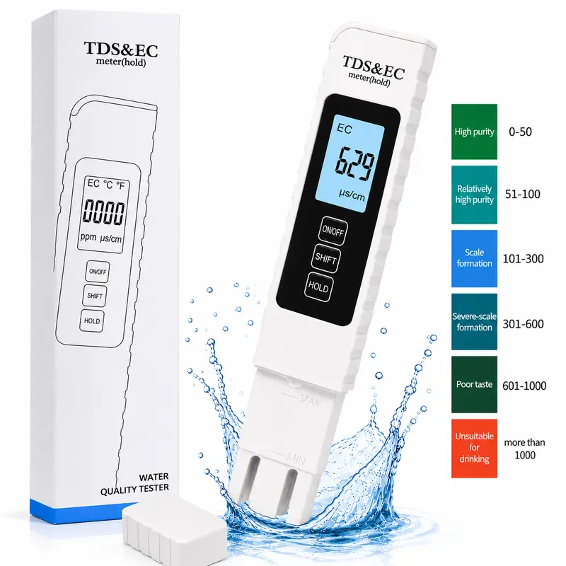 4-in-1 Digital Water Quality Tester, 0-9990 PPM TDS Meter with EC & Temperature Readings, Portable Water Tester for RO Systems, Drinking Water, Pools, Aquariums, Home & Office(Halloween Sales)