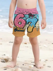 Adorable Ice Cream Pattern Kids Shorts, Beach Pants with Number Printing, Casual Summer Baby Loose Fit, Drawstring Waist, Short Hem, Graphic Print Shorts, Adjustable Shorts