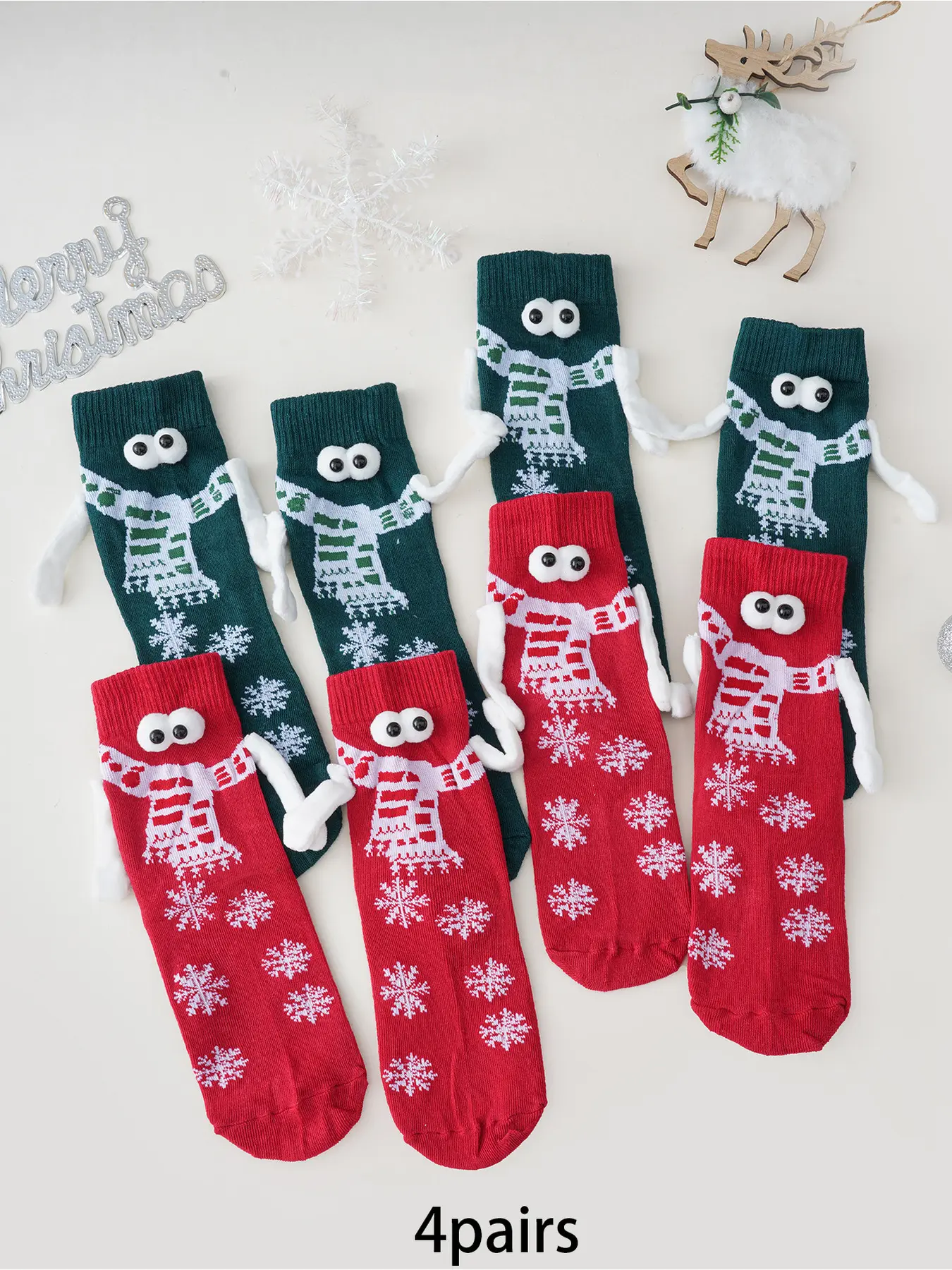 4 pairs Christmas snowflake hand-holding tube socks with eyes and magnetic arms for couples, suitable for holidays, parties, and everyday wear