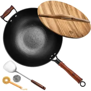 13.4 Inch Cast Iron Wok Pan with Lid, Flat Bottom Uncoated Stir Fry Skillet, Heavy Duty Chinese Iron Pot for Family Cooking, Induction & Gas Stoves Compatible