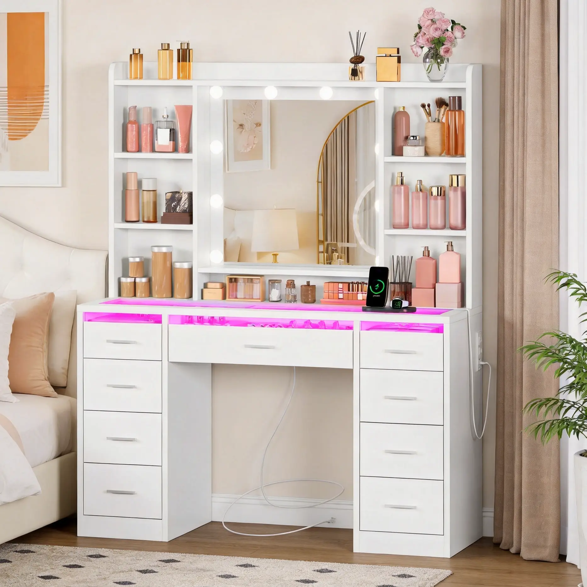 Women's White Modern Freestanding Makeup Vanity Table with Glass Top, RGB Color-Changing Illuminated Light Up Design, 3 Lighting Modes, 9 Drawers, Power Outlet, Storage, Indoor Furniture, Color-Changing Illuminated Makeup Vanities, Light Up Makeup Vanitie