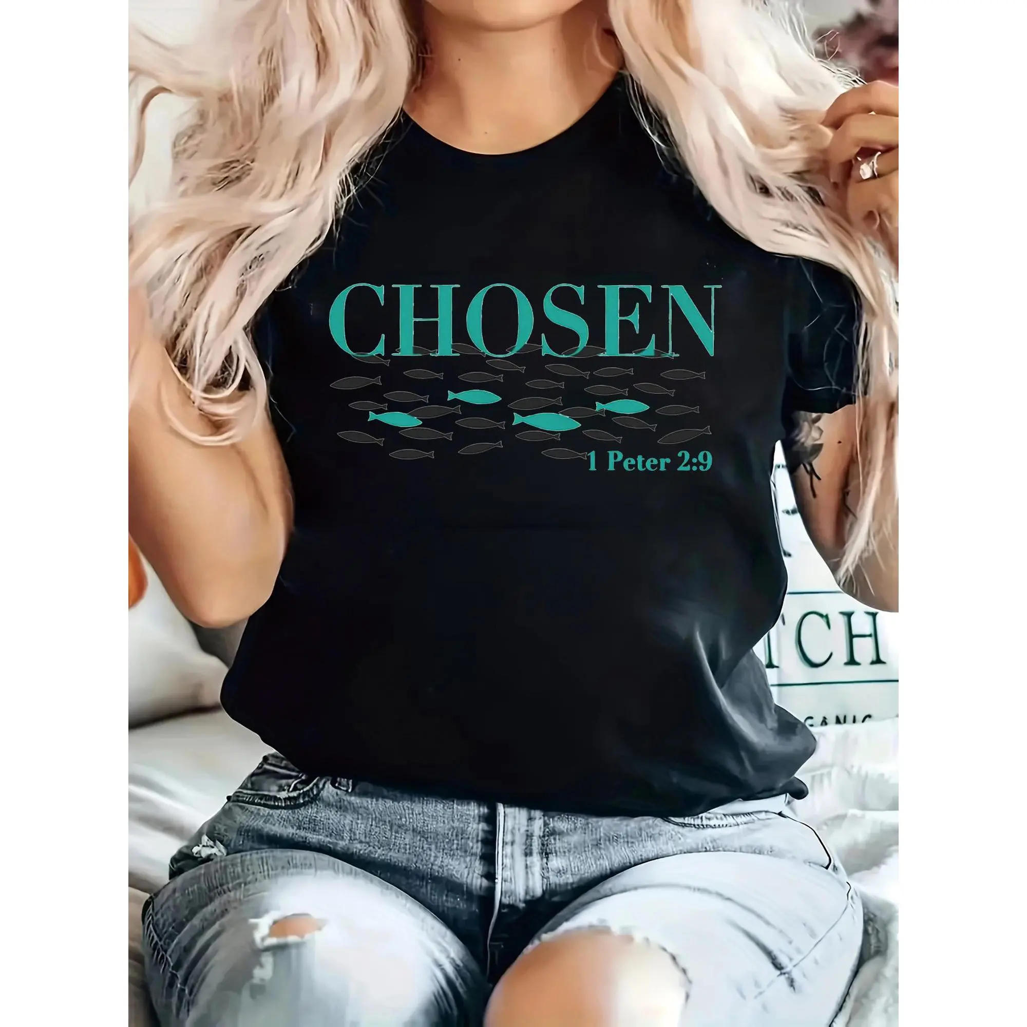 Women's 100% Pure Cotton Fitted Round Crew Neck Short Sleeve Tshirt - 1 Peter 2:9 Scripture Appliqué, Casual Summer Black Everyday Top
