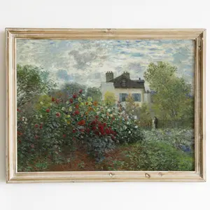 French Country Cottage Vintage Landscape Flower Garden Painting | French Antique Oil Painting | Farmhouse Painting |  PRINTABLE Art