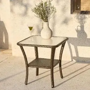 LITTLE TREE Patio Side Table, Outdoor Wicker End Table with Water-Resistant Glass Top, 2-Tier Rattan Side Table for Porch, Balcony, Backyard, Garden, Poolside, Brown