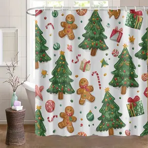 Christmas Tree Gift Gingerbread Man Cane Candy Printed Bath Curtain Shower Curtain, Home Bathroom Decoration, Includes 12 Hooks, Must-Have Holiday Accessory