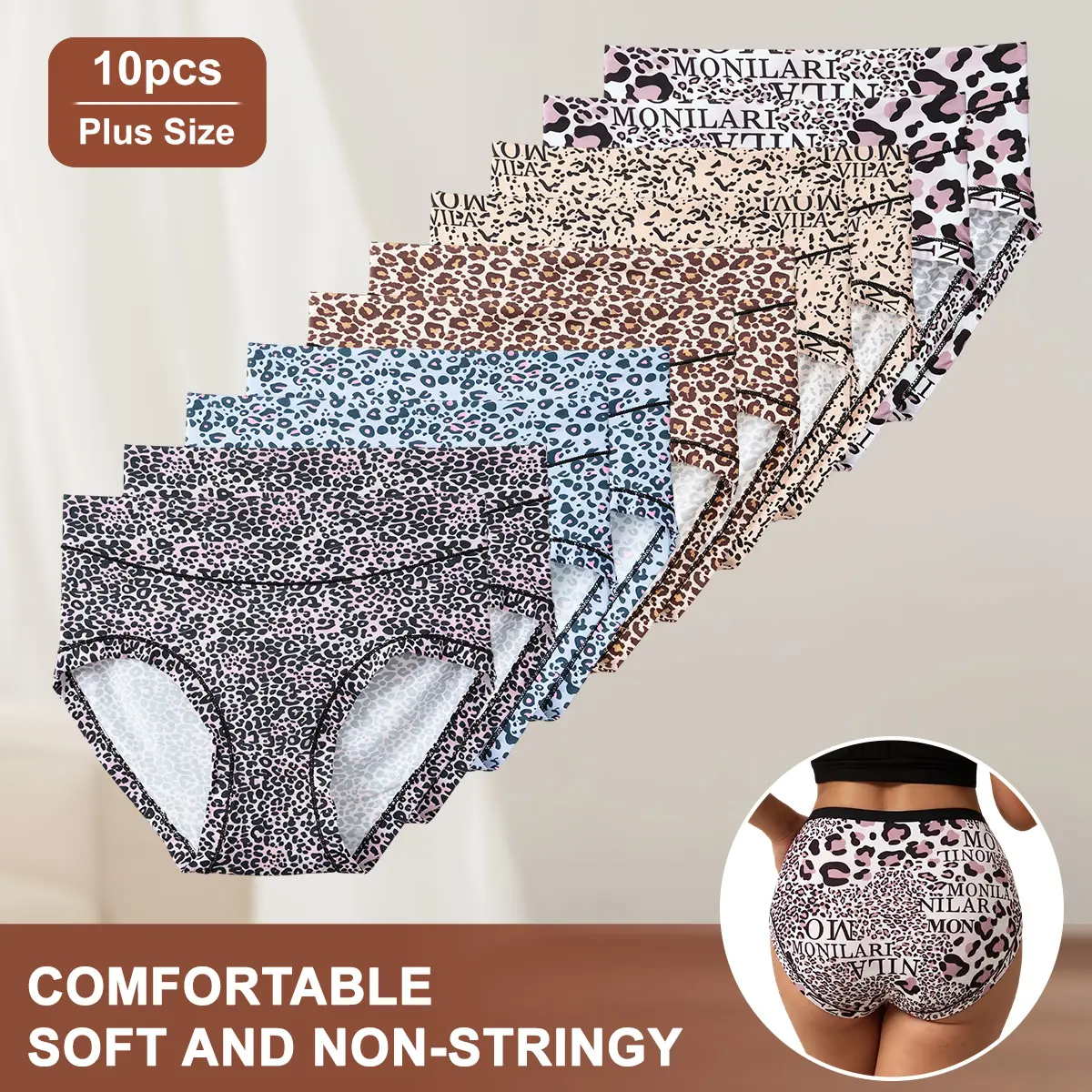 10PCS Women Plus Size Leopard Print Brief Panties, Soft Stretch Breathable Skin Friendly Multi Mixed Leopard Pattern Underpants Pack, Full Coverage Daily Casual Essential Undies, Comfort Knit Underwear Sizes 1XL-4XL