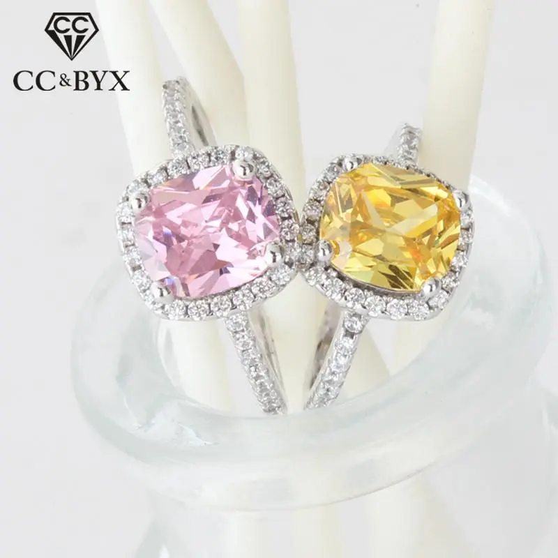 CC Rings For Women Bridal Wedding Cubic Zirconia Rectangle Pink/Yellow Stone Engagement Ring Bijoux Femme CC596