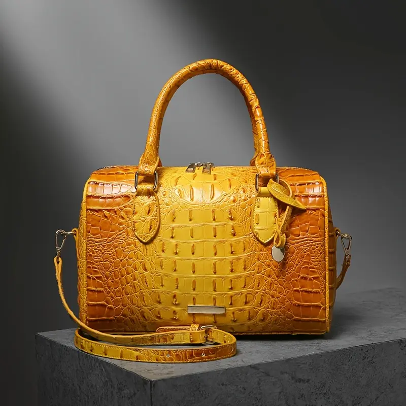 Crocodile Embossed Boston Handbag, Large Capacity Top Handle Duffle Satchel with Detachable Adjustable Crossbody Strap, Glossy Synthetic Leather Shoulder Purse for Daily Work Travel Dating Weekend Use