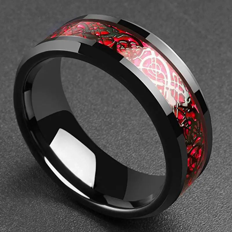 Red Green Carbon Fiber Black Pattern Ring Men's Jewelry Metal Made Not easy fade Ring